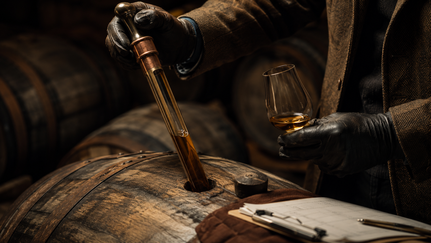 A whisky sample being examined during cask maturation.