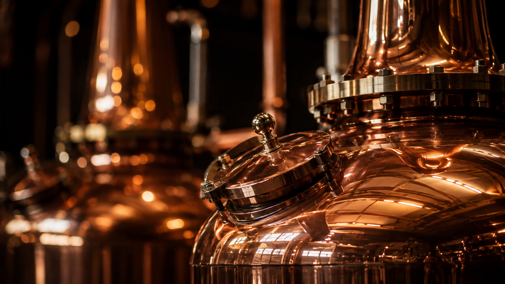 Copper whisky stills inside a distillery.