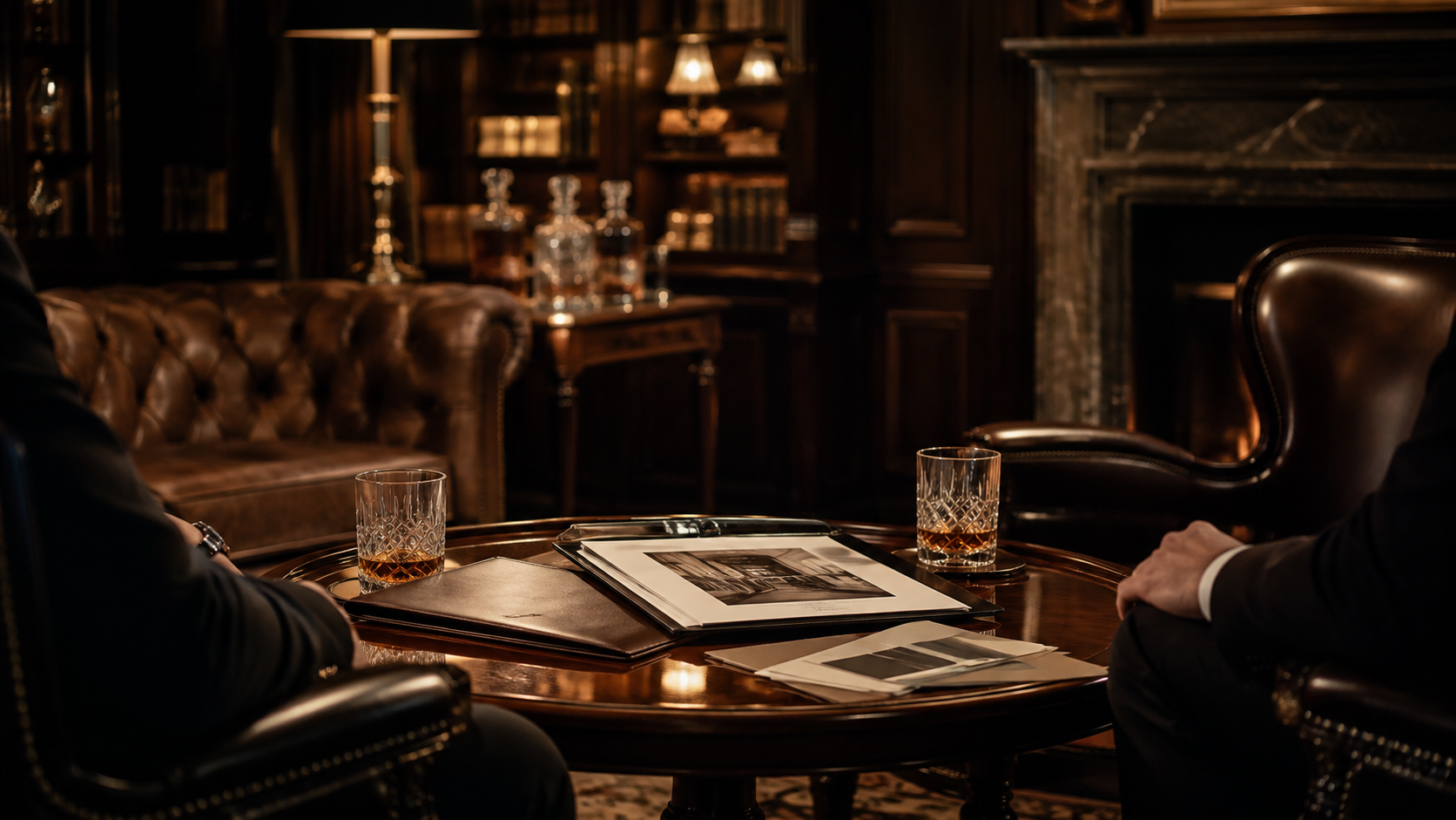 Collectors discussing whisky ownership in a private members' lounge.