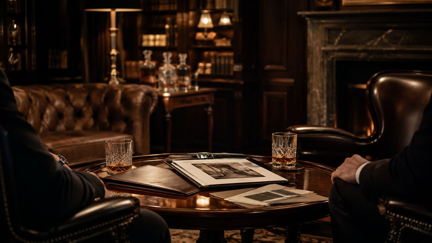 Collectors discussing whisky ownership in a private members' lounge.