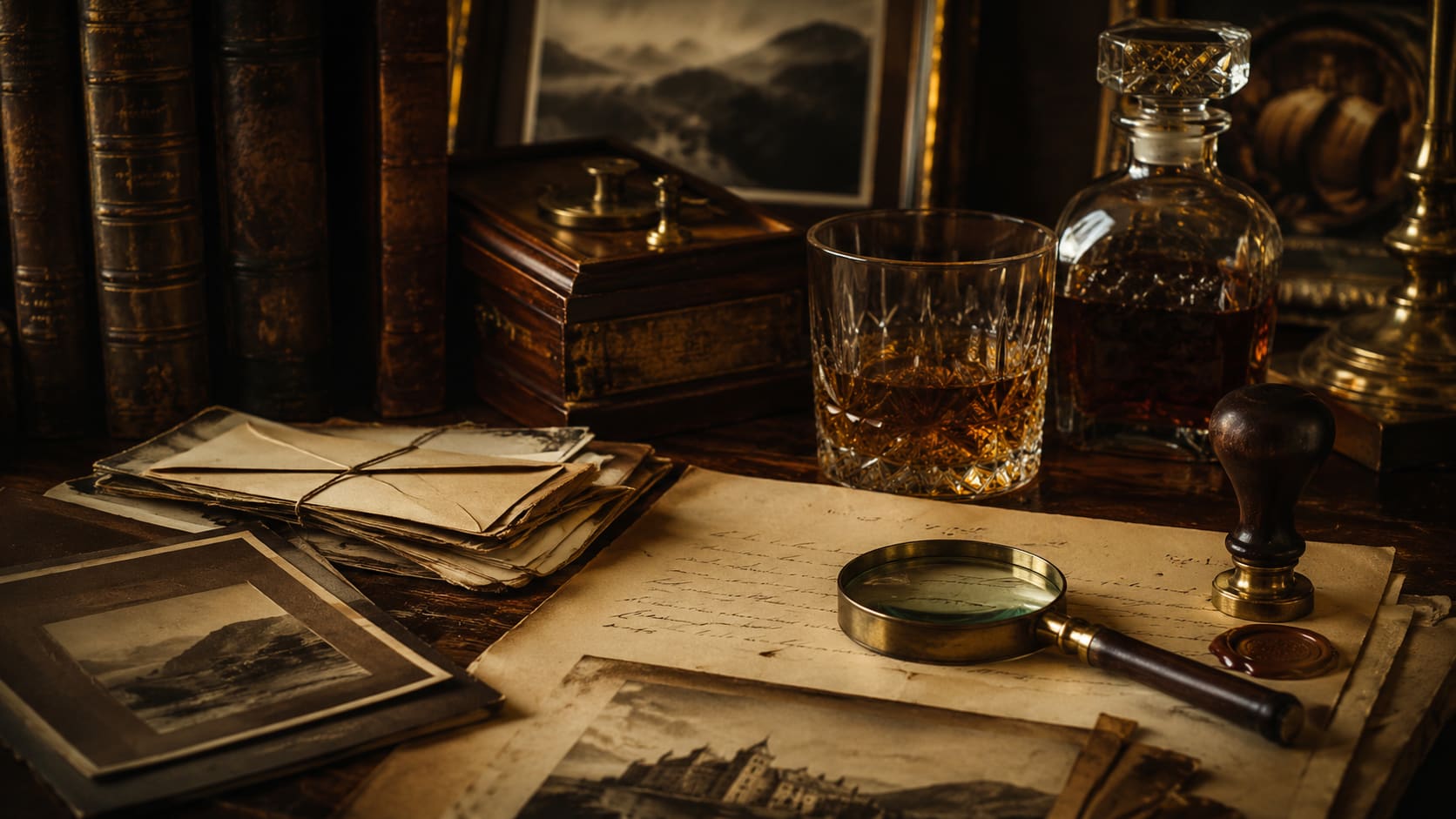 Whisky provenance documents arranged beside a decanter.